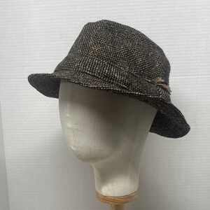 Hanna Hats of Donegal Ireland Pure New Wool Tweed Fedora Bucket Hat Brown L
